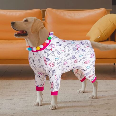 LovinPet Pet Pjs for Large Dogs, UV & Post Operative Protection, 4 Legged High Collar Dog Onesies, Lightweight Stretchable Ugly Fish White Prints Large Dog Pajamas as Base Shirt for Dog Dresses XXL in Saudi Arabia