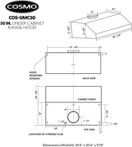 COSMO UC36 36 بوصة. شفاط المطبخ تحت الخزانة، فتحة تهوية للمطبخ فوق الموقد، مروحة 3 سرعات، مرشحات دائمة، مصابيح LED من الفولاذ المقاوم للصدأ in Kuwait