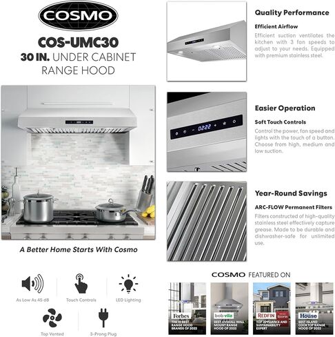 COSMO UC36 36 بوصة. شفاط المطبخ تحت الخزانة، فتحة تهوية للمطبخ فوق الموقد، مروحة 3 سرعات، مرشحات دائمة، مصابيح LED من الفولاذ المقاوم للصدأ in Kuwait