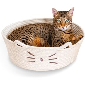 Catstages Bed & Basket Retreat 2-in-1 Cat Bed with Removable Cushion, Plush, Cotton Rope, White
