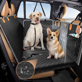 Faux Leather Back Seat Extender for Dogs, Anti-Scratch Dog Car Seat Cover with Hard Bottom(Holds 400lbs),Waterproof Dog Hammock with 2 Seat Belts for Car, SUV and Truck (Black)