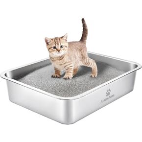 Stainless Steel Cat Litter Box,Kitty Litter Box with Letter Stickers,Metal Cat Litter Pan,Indoor Litter Tray,Pet Toilet Supplies for Small & Medium Cats,Kitten, Rabbit, Non Stick,Easy to Clean