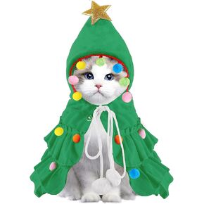 Cat Christmas Outfit Green Pet Cloak with Hat with Star and Pompoms Puppy Cape Clothes Xmas Tree Elf Costumes Party Pet Supplies Accessories for Small Dogs Cats Pet Santa Presents