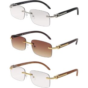 Retro Wood Buffs Vintage Style Gangster Rimless Clear Lens Rectangular Metal & Wood Eye Glasses