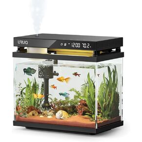 Fish Tank Smart Aquarium Kit: URUQ Self Cleaning Multi-Layer Filtration System Silent Pump - UHD Glass 7-Color Lighting Temperature Monitoring - Fragrance Diffuser Humidifier - 1.6 Gallon Charcoal