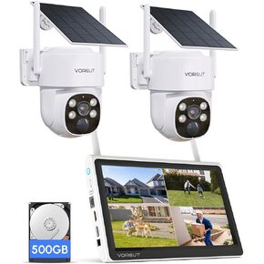 Solar Security Camera System Wireless Outdoor with 10CH 10" LCD Monitor NVR,2.5K 4MP 2PCS Dome PTZ Solar Camera for Home Security,Solar Powered Panel,Motion Record,2-Way Audio (500G HDD)