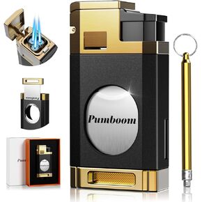 Triple Jet Torch Lighter with Guillotine Cutter, Draw Enhancer Tool, Gifts for Men, Refillable Butane Lighter with Versatile Accessories, Windproof Lighter for Travel, Outdoors (Without Butane)