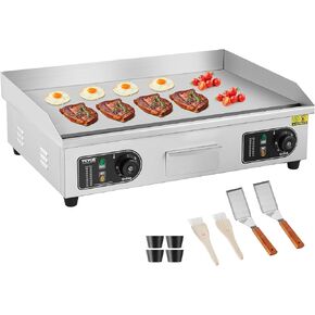 VEVOR Commercial Electric Griddle, 2800W Stainless Steel Countertop Flat Top Grill, 25.98 x 15.75 x 0.39in Griddle Grill with 2 Shovels and 2 Brushes, 122℉-572 ℉ Adjustable Temp, for Home Restaurant