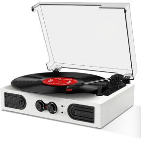 VinylsLink Vinyl Record Player with Built-in Stereo Speakers and Bass Adjust, Portable Vintage 3-Speed Belt-Driven, Bluetooth Input, RCA Line Out AUX in Headphone Jack, White Wood