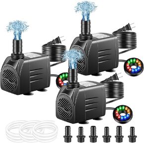 3 Pack Submersible Pump with Led Light, Small Fountain Pump with Tubing, Submersible Water Pump for Aquarium Fish Tank Indoor or Outdoor Pond Fountain Hydroponics Statuary (5W 95GPH)