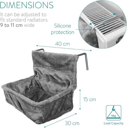 Navaris Cat Radiator Bed - Hanging Plush Basket Hammock with Cushion and Adjustable Metal Frame to Hook onto Radiators - 6kg Maximum Weight - Grey in Saudi Arabia