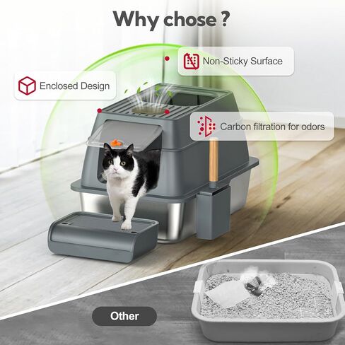 Stainless Steel Litter Box with Lid, XL Extra Large Litter Box for Big Cats, Enclosed High Sided Metal Litter Box, Three-Layer Design, Rejecting-Odor, Anti-Leakage, Included Spoon & Pedal in Saudi Arabia