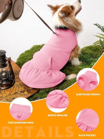 Dog Fleece Sweater Dress Turtleneck Sleeveless Puppy Sweatshirt with Pocket D-Ring Winter Warm Dog Clothes for Small Dogs Cats in Saudi Arabia