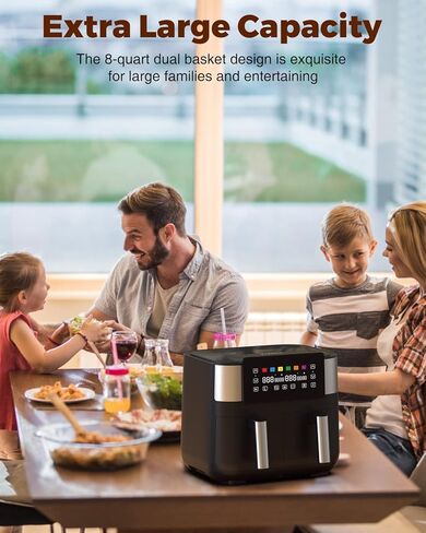 مقلاة هوائية من جويامي مع سلتين، مقلاة هوائية بسلة مزدوجة 8 كيو تي مع لمسة نهائية متزامنة، غير لاصقة وآمنة للاستخدام في غسالة الأطباق، مقلاة هوائية 6 في 1 للقلي بالهواء، والخبز، والتجفيف، والتحميص، والشواء والمزيد، 1800 وات، أسود in Kuwait