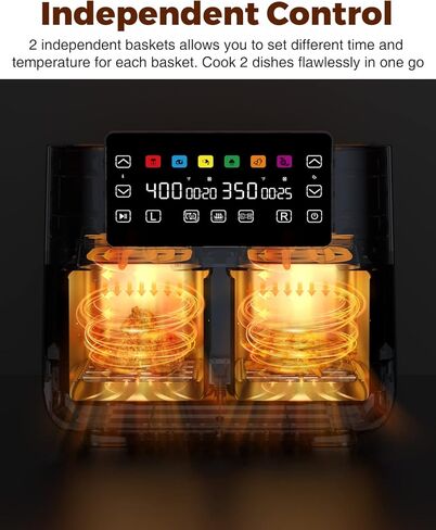 مقلاة هوائية من جويامي مع سلتين، مقلاة هوائية بسلة مزدوجة 8 كيو تي مع لمسة نهائية متزامنة، غير لاصقة وآمنة للاستخدام في غسالة الأطباق، مقلاة هوائية 6 في 1 للقلي بالهواء، والخبز، والتجفيف، والتحميص، والشواء والمزيد، 1800 وات، أسود in Kuwait