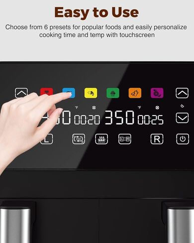 مقلاة هوائية من جويامي مع سلتين، مقلاة هوائية بسلة مزدوجة 8 كيو تي مع لمسة نهائية متزامنة، غير لاصقة وآمنة للاستخدام في غسالة الأطباق، مقلاة هوائية 6 في 1 للقلي بالهواء، والخبز، والتجفيف، والتحميص، والشواء والمزيد، 1800 وات، أسود in Kuwait