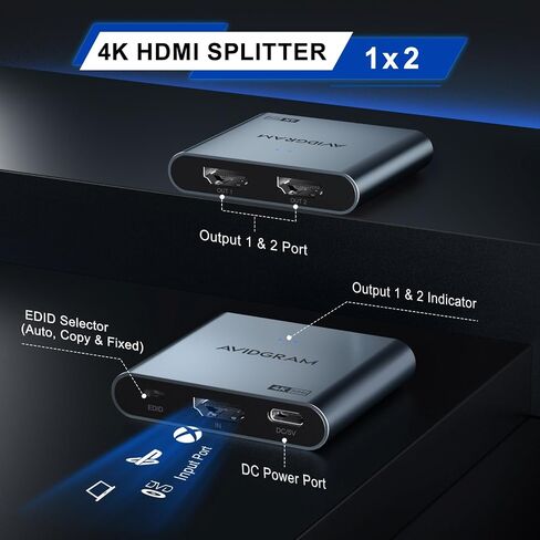 HDMI Splitter 1 in 2 Out 4K, HDMI 2 Port Splitter with Auto, Copy, and Fixed Mode for Dual Identical Display Support 4K 30Hz 3D, Compatible with Xbox, PS4 Pro, PS5 in Saudi Arabia