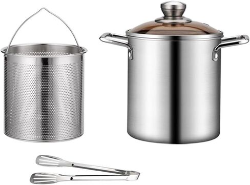 Deep Fryer Pot, Small Deep Fryer with Basket Stainless Steel, Deep Fry Pot with Strainer Basket & Glass Lid, Japanese Tempura Fryer Fish Fryer Pot for Kitchen Fries and Chicken in Saudi Arabia
