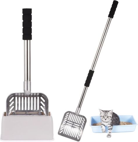 Cat Litter Scooper, 32" Long Handle Litter Sifter Scoop with Holder, Deep Stainless Steel Kitten Scooper with Box, Detachable Sifting Litter Shovel for Cats (Medium Size) in Saudi Arabia