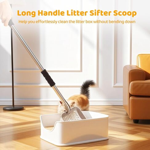 Cat Litter Scooper, 32" Long Handle Litter Sifter Scoop with Holder, Deep Stainless Steel Kitten Scooper with Box, Detachable Sifting Litter Shovel for Cats (Medium Size) in Saudi Arabia