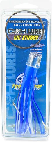 منصات صيد السمك C&H Lures Lil Stubby Ballyhoo - تنورة فينيل زرقاء/بيضاء، خطاف موستد 7/0، زنبرك ودبوس، 3 أقدام، 69 رطل اختبار مموه بني اللون من الفولاذ المقاوم للصدأ سلك زعيم in Saudi Arabia