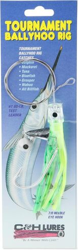 منصات صيد السمك C&H Lures Lil Stubby Ballyhoo - تنورة فينيل زرقاء/بيضاء، خطاف موستد 7/0، زنبرك ودبوس، 3 أقدام، 69 رطل اختبار مموه بني اللون من الفولاذ المقاوم للصدأ سلك زعيم in Saudi Arabia