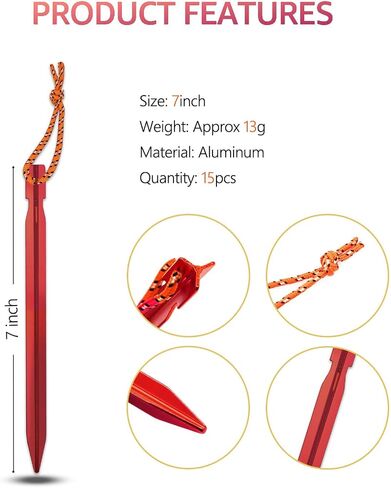 15Pack Tent Stakes, Lightweight 7075 Aluminum Tent Stakes with Pull Rope, Tent Pegs for Backpacking, Durable Camping Tent Accessories, Red… in Saudi Arabia