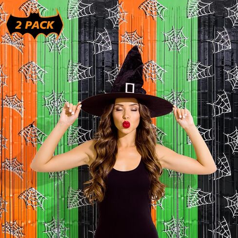 Mega-L Halloween Party Decorations, 2 Pack Orange Green Black Spiderweb Foil Fringe Curtains, 3.3 X 6.6 ft Photo Booth Props Tinsel Backdrop Streamers Party Supplies for Halloween Birthday Home Decor in Saudi Arabia