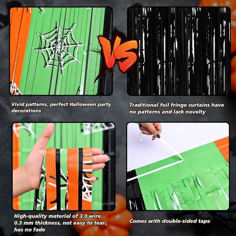 Mega-L Halloween Party Decorations, 2 Pack Orange Green Black Spiderweb Foil Fringe Curtains, 3.3 X 6.6 ft Photo Booth Props Tinsel Backdrop Streamers Party Supplies for Halloween Birthday Home Decor in Saudi Arabia