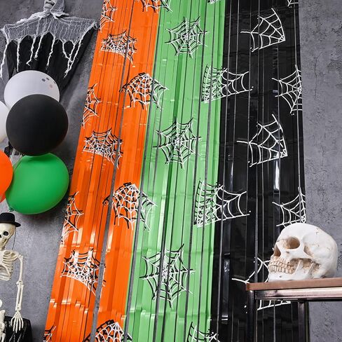 Mega-L Halloween Party Decorations, 2 Pack Orange Green Black Spiderweb Foil Fringe Curtains, 3.3 X 6.6 ft Photo Booth Props Tinsel Backdrop Streamers Party Supplies for Halloween Birthday Home Decor in Saudi Arabia