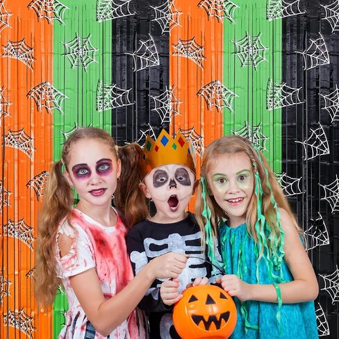 Mega-L Halloween Party Decorations, 2 Pack Orange Green Black Spiderweb Foil Fringe Curtains, 3.3 X 6.6 ft Photo Booth Props Tinsel Backdrop Streamers Party Supplies for Halloween Birthday Home Decor in Saudi Arabia