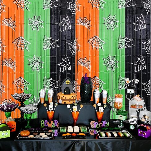 Mega-L Halloween Party Decorations, 2 Pack Orange Green Black Spiderweb Foil Fringe Curtains, 3.3 X 6.6 ft Photo Booth Props Tinsel Backdrop Streamers Party Supplies for Halloween Birthday Home Decor in Saudi Arabia