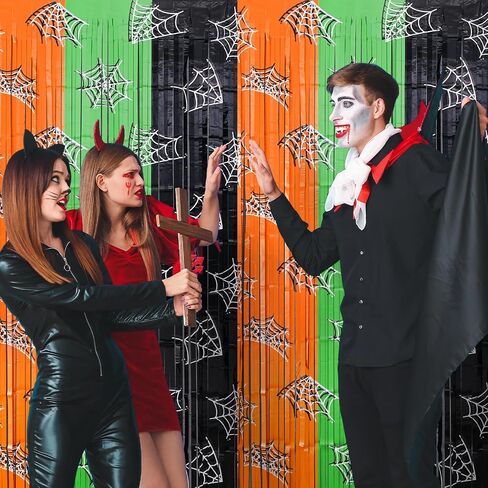 Mega-L Halloween Party Decorations, 2 Pack Orange Green Black Spiderweb Foil Fringe Curtains, 3.3 X 6.6 ft Photo Booth Props Tinsel Backdrop Streamers Party Supplies for Halloween Birthday Home Decor in Saudi Arabia