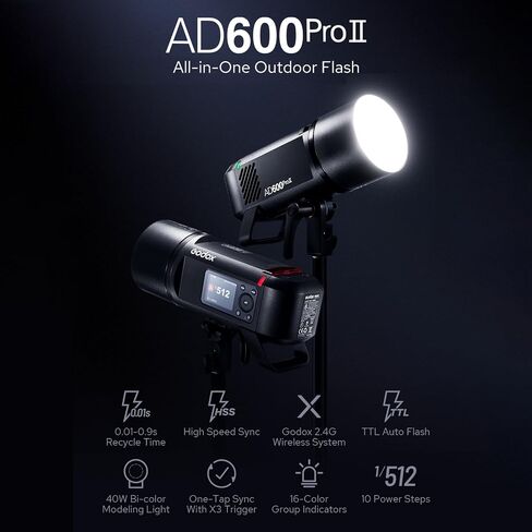 Godox AD600Pro II الكل في واحد ضوء فلاش خارجي 600 وات 2.4 جيجا بايت لاسلكي Speedlite TTL فلاش تلقائي 1/8000 ثانية HSS 0.01-0.09 ثانية وقت إعادة التدوير مع ضوء تشكيل ثنائي اللون 40 وات بطارية ليثيوم 2600 مللي أمبير في الساعة in Saudi Arabia