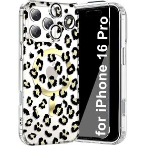 for iPhone 16 Pro MagSafe Case Leopard Cheetah Clear Glitter, Luxury Trendy Magnetic Bumper Case +1 Screen Cover +1 Camera Lens Protector for Women Girl iPhone 16 Pro 6.3"(Gold Leopard)