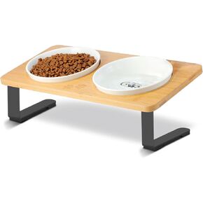 3 Elevated Cat Bowls Tilted Anti Vomiting Ceramic Raised Cat Food Bowls for Food and Water, Cat Dishes for Indoor Cats with Non-Slip Stand & Bamboo Board, Dishwasher Safe - 1 Step Assemble