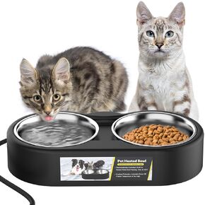 Heated Water Bowl for Outdoor Cats, Outdoor Heated Pet Bowl with Double Removable Stainless Bowl 46OZ, Heated Water Bowl for Chickens, Dogs and Cats, Provide Warm Water and Food in Winter