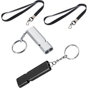 Whistle for Hiking, 2 Pcs Safety Whistle With Lanyards and Keychain, Outdoor Survival Whistle, for Outdoor Hiking Camping Hunting Fishing Boating (Black + Silver)