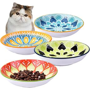 Ceramic Cat Food Plate Set of 4 Porcelain Cat Food Dish for Wet Food Wide Bowl to Relieve Whisker Fatigue, Shallow Bowl for Kittens and Small Animals