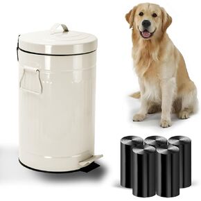 سلة مهملات فضلات الكلاب بالخارج، سلة مهملات نفايات الكلاب سعة 12 لتر مع غطاء ودواسة قدم ودلو داخلي و100 كيس نفايات للكلاب، سلة مهملات مستديرة خارجية للكلاب، حاوية نفايات الكلاب للحديقة، باللون الأبيض in Kuwait