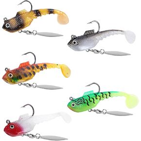 RYACO Soft Fishing Lures, Pre-Rigged Jig Soft Plastic Fishing Lures with Reflective Spinner, Paddle Tail Swimbaits for Bass Trout Walleye Crappie Fishing Jigs, 5PCS
