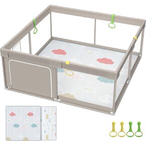 Fodoss Baby Playpen, Playpen for Babies & Toddlers, 47x47" Small Baby Play Pen,Toddler Playpen for Apartment,Play Yard for Baby,Baby Activity Play Fence, Extra Large Baby Playard, 47x47" Light Grey