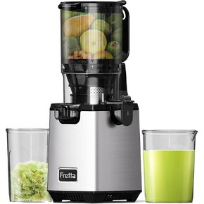 Cold Press Juicer Machines,Fretta 5.3'' Self Feeding Slow Masticating Juicers Fit Whole Fruits & Vegetable Easy Clean Juice Extractor,Tritan Material BPA Free 250W, Stainless Steel
