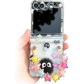 for Galaxy Z Flip 6 Case, Soot Sprite Floral Hard Clear Phone Case for Samsung Galaxy Z Flip 6 2024 Plus a Free Phone Chain, Cartoon Flip Case for Girls Women - Soot Sprite
