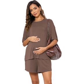 OYOANGLE Women's Maternity 2 Pieces Pajamas Outfits Loose Short Sleeve T-shirt Top and Shorts Loungewear