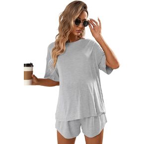 OYOANGLE Women's Maternity 2 Pieces Pajamas Outfits Loose Short Sleeve T-shirt Top and Shorts Loungewear