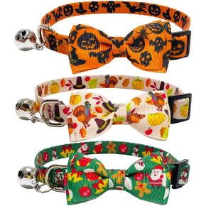 3 Pack Halloween Thanksgiving Christmas Cat Collar with Bow Tie and Bell Breakaway Safety Kitten Collars for Holiday Orange Beige and Green