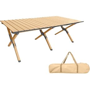 Folding Camping Table, Roll-Up Folding Table with Carry Bag, Portable Aluminum Picnic Table, Low Height Beach Table for Outdoor Use, Travel, BBQ & Hiking, Easy Assembly (Natural)