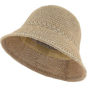 Women's Crochet Bucket Hat, Faux Straw Weaving Sun Hat Packable Mesh Woven Soft Lightweight Beach Hat for Spring Summer Fall