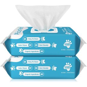 Plant Based Dog Grooming Wipes for Sensitive Skin, Thick Puppy Cleaning Deodorizing Wipes for Paws, Butt and Body, Unscented, 200 Count